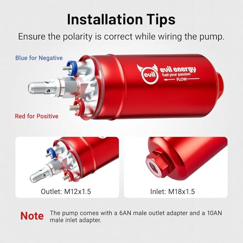 EVIL ENERGY External Inline Fuel Pump for 12V EFI System, 300LPH Flow | Compatible with Gasoline, Pump Gas, Race Gas, and Diesel, 10AN Inlet & 6AN Outlet, 60mm Bracket Included - color: Red