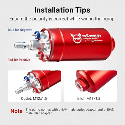 EVIL ENERGY External Inline Fuel Pump for 12V EFI System, 300LPH Flow | Compatible with Gasoline, Pump Gas, Race Gas, and Diesel, 10AN Inlet & 6AN Outlet, 60mm Bracket Included - color: Red