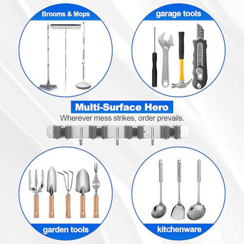 Broom Holder Wall Mount Mop Organizer, 4 Racks 3 Hooks, 2 Pack | Premium Stainless Steel Broom Hanger for Durable Rustproof Tool Rack Storage in Home, Kitchen, Garden, Laundry, Garage - size: 4 Racks 3 Hooks