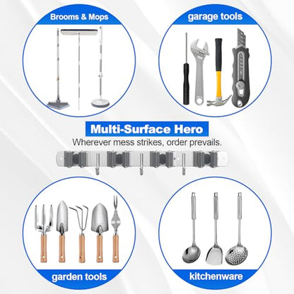 Broom Holder Wall Mount Mop Organizer, 4 Racks 3 Hooks, 2 Pack | Premium Stainless Steel Broom Hanger for Durable Rustproof Tool Rack Storage in Home, Kitchen, Garden, Laundry, Garage - size: 4 Racks 3 Hooks