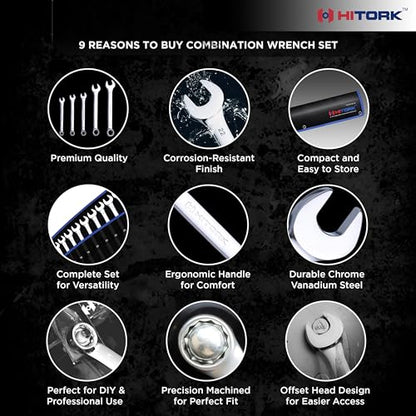 HITORK 19 Piece Metric Combination Wrench Set (6–24mm) Cr-V Steel Mirror Chrome Finish 12-Point Box End, 15° Offset, Roll-Up Pouch – Durable Open End Wrench Set for Home, Garage & Auto Repair - style: 19 Piece Set Metric
