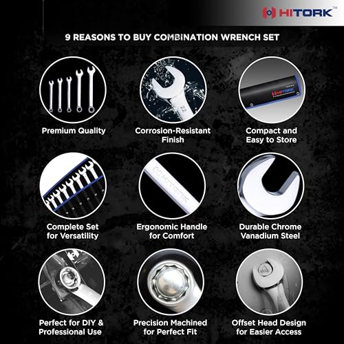 HITORK 19 Piece Metric Combination Wrench Set (6–24mm) Cr-V Steel Mirror Chrome Finish 12-Point Box End, 15° Offset, Roll-Up Pouch – Durable Open End Wrench Set for Home, Garage & Auto Repair - style: 19 Piece Set Metric