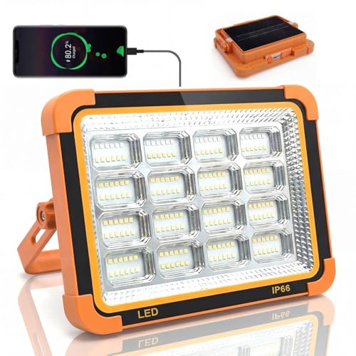 120W Solar Rechargeable Work Light, 192 LED 10000LM Portable Flood Light with Stand，LED Work Light with 5 Modes，IP66 Waterproof Outdoor Light for Mechanic Camping Fishing Repair (1) - color: Carrot orange 1 Pack