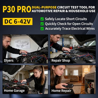 P30 Pro Circuit Tracer with Dual LED Lights, Automotive Electrical Open & Short Finder, Fault Probe Cable Tester, Diagnostic Tool for Vehicle Wiring Repair, Cable Toner, DC 6-42V(With Battery) - size: With Battery