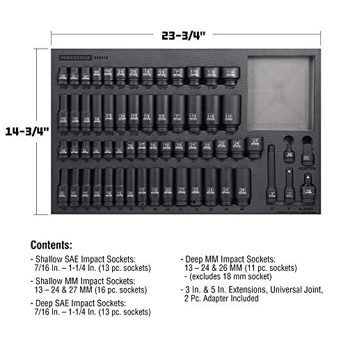 Powerbuilt Master 63 Piece 1/2-Inch Drive Impact Socket Set, Extensions, Metric&SAE Deep/Standard Impact Socket, Universal Joint and Adapter, Cr-Mo Steel, EVAs torage Tray - 949012 - size: 1/2-Inch, style: 63 Piece Impact Socket