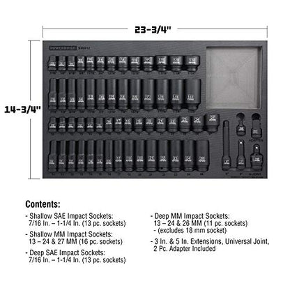 Powerbuilt Master 63 Piece 1/2-Inch Drive Impact Socket Set, Extensions, Metric&SAE Deep/Standard Impact Socket, Universal Joint and Adapter, Cr-Mo Steel, EVAs torage Tray - 949012 - size: 1/2-Inch, style: 63 Piece Impact Socket