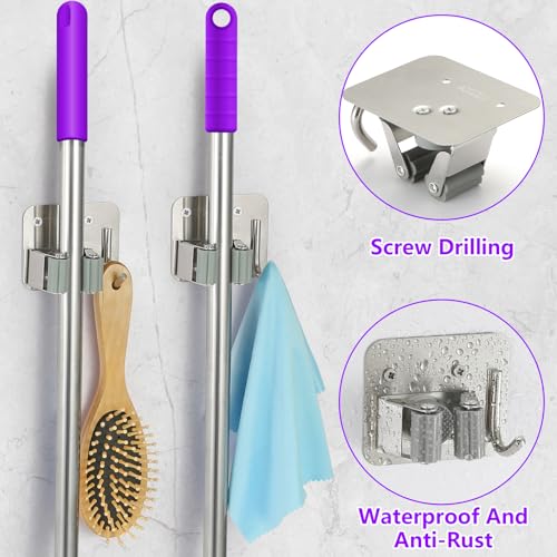 Broom Holder Wall Mount Screw Drilling, Sturdy Heavy Duty Stainless Steel Mop Gripper Rack Perforated, Perfect for Laundry Room Organizer, Fit with Laundry Kitchen Garage Garden Storage System | Drill-Mounted Gripper Rack Holds Brooms, Mops and Garden Too