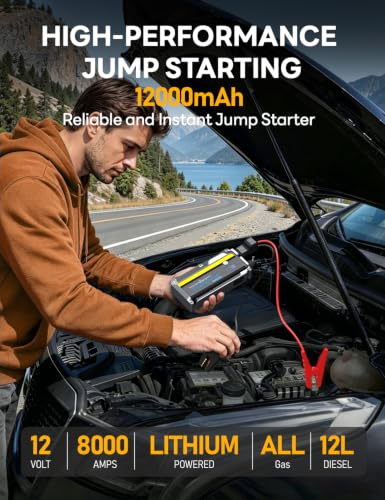 Sharmeal 8000A Car Battery Jump Starter, 12000mAh Car Jumper Starter Battery Pack for Up to All Gas & 12.0L Diesel Engines, 12V Portable Jump Box with 3 Modes Flashlight and Jumper Cable - color: Yellow-8000A+Charger Block