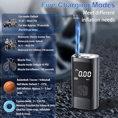 Cordless Tire Inflator Portable Air Pump - Car & Motorcycle Accessories, Dual-Pump, 1s Fast Inflation, 150PSI, Auto-Stop, Pressure Monitor, 5 Modes, LED Light