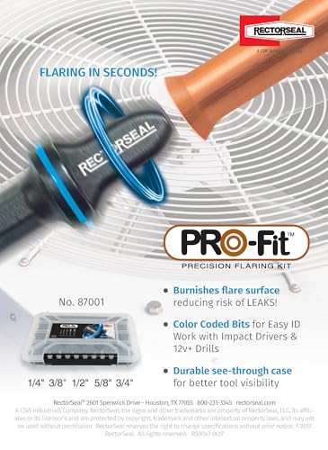 RectorSeal Pro-Fit 87001 Precision Quick Flaring Kit, with 5 Color Coded Bits for Quick & Easy Sizing Identification 1/4" Through 3/4", Creates Leak Free Flares in Seconds, HVAC