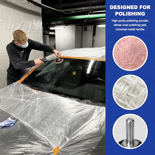 Glass Polishing Kit, Car Window Deep Scratch Removal Set with 100g Cerium Oxide Powder, Wool Polish Pads Multifunctional Buffing Pad for Auto Windscreen and Glass Repair