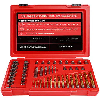 53 Pcs Spiral Screw Bolt Extractor Set Left Hand Drill Bit | 6542/4341 HSS Easy Out Bolt Extractor Set Multi-Spline Stripped Bolt Remover for Broken Rusted Nuts Bolts - size: 53Pcs