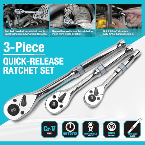 DURATECH 3-Piece Drive Ratchet, 1/4", 3/8", 1/2" 90-Tooth Quick-Release Ratchet Wrench, Reversible, Cr-V Made, Full Polished - with Plastic Insert Storage Box, Gifts for Men, Women, Dad - size: Combo Kit (Plastic Tray)