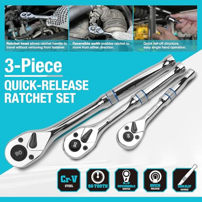 DURATECH 3-Piece Drive Ratchet, 90-Tooth Quick-Release Ratchet Wrench | 1/4", 3/8", 1/2" Socket Wrench for Men Women, Reversible, Cr-V Made, 4° Swing, Full Polished-with Plastic Insert Storage Box - size: Combo Kit (Plastic Tray)