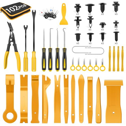 GOOACC 102Pcs Trim Removal Tool, Auto Push Pin Nylon Bumper Retainer Clip Set Fastener Terminal Remover Tool Round Handle Crowbar Kit Car/Radio Panel, Yellow - color: 102Pcs Clips+ Remover Yellow