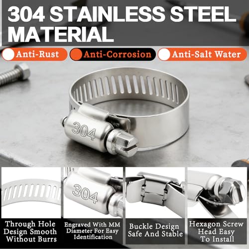 210Pcs Stainless Steel Hose Clamps Assortment Kit 1/4"to 2"(6-51mm) Adjustable Worm Gear Hose Clamps, Small Heavy Duty Hose Clamps for Automotive/Garden/Water Pipe/Sprinkler Line/Fuel Line - size: 210pcs