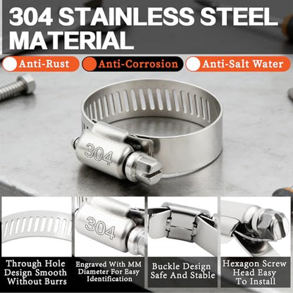 210Pcs Stainless Steel Hose Clamps Assortment Kit 1/4"to 2"(6-51mm) Adjustable Worm Gear Hose Clamps, Small Heavy Duty Hose Clamps for Automotive/Garden/Water Pipe/Sprinkler Line/Fuel Line - size: 210pcs