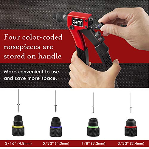 NEU MASTER Rivet Gun with 200 Rivets, Heavy Duty Manual Rivet Gun Kit, 4 Tool-free Interchangeable Heads with Carrying Case, One-hand Pop Riveter for Metal, Plastic, Leather & DIY