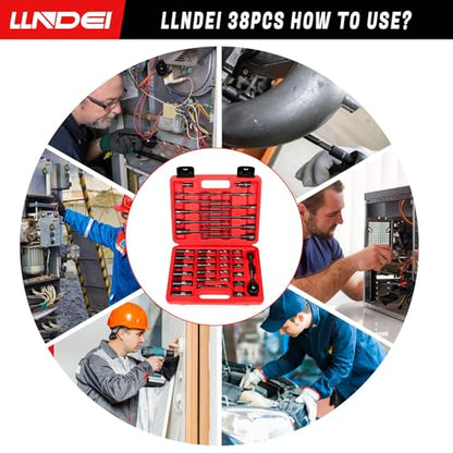 LLNDEI 1/4" Drive Socket Set & Nut Driver Set 38PCS,1/4-Inch Sockets Deep&Shallow SAE 5/32" to 9/16" with Ratchet, Hex Shank 6" Long Nut Drivers(1/4" to 9/16") for Drill Bits(PH1 PH2) - size: 38PCS SAE