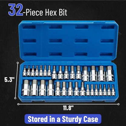 Bates Hex Bit Socket Set - 32 Piece, 1/4", 3/8", & 1/2" Drive, Allen & Metric Socket Set With Case