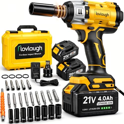 Cordless Impact Wrench 1/2 Inch, 350N.m(250 Ft-lbs) High Torque, Brushless Motor, 2x 4.0Ah Batteries & Fast Charger, 0-3300RPM, 7 Sockets & Bits Set, Electric Impact Gun for Automotive Repair & DIY