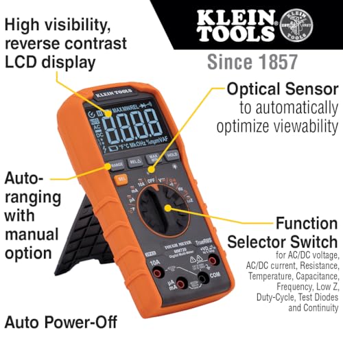Klein Tools MM720 Digital Multimeter, Auto-Ranging TRMS, Low Impedance (LoZ), 1000V AC/DC Voltage, 10A AC/DC Current, 60 MOhms Resistance
