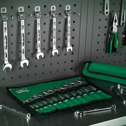 SK Combination Wrench Set, SAE 5/16" to 3/4", Metric 8 to 19mm, 23-Piece, SuperKrome Finish, Premium CR-V Construction, with Rolling Pouch - size: Metric & SAE