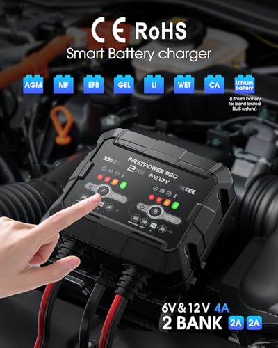 2-Bank, 4A (2A/Bank) Trickle Charger for Car Battery, 12V 6V Car Battery Charger, Automotive Battery Trickle Charger, Maintainer, for Motorcycle Lawn Mower AGM, Lithium Batteries