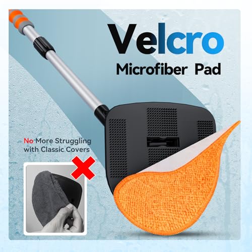 XINDELL Interior Windshield Cleaner Tool, Car Window Cleaning Kit with 4 Reusable Microfiber Pads, Extendable Handle & 360° Rotating Head, Safety Hammer, Streak-Free Auto Glass Wiper for Truck SUV RV - color: Orange
