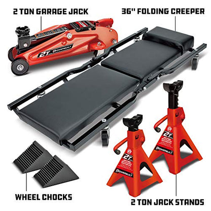 Powerbuilt 6 Piece Car Jack and Garage Creeper Service Set, 2 Ton Vehicle Lift, Jackstands, Folding Creeper, Wheel Chocks, Car Repair Garage Equipment - 640816, Large, Red - size: 6 Piece Combo