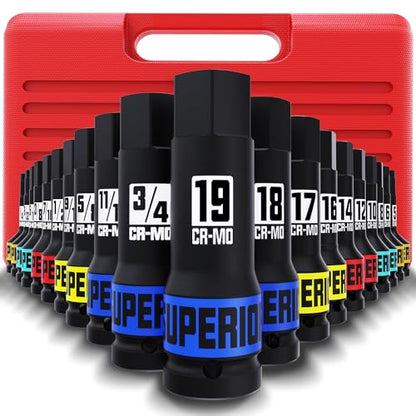 1/2" Drive Master Impact Hex Bit Socket Set, Metric & SAE, 20-Piece 1/2 Inch Drive Impact Allen Bit Socket Set, 5mm - 19mm & 1/4" - 3/4", Cr-Mo Steel, Heavy Duty Storage Case - size: 20 Pcs Metric & SAE