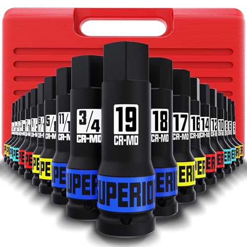 1/2" Drive Master Impact Hex Bit Socket Set, Metric & SAE, 20-Piece 1/2 Inch Drive Impact Allen Bit Socket Set, 5mm - 19mm & 1/4" - 3/4", Cr-Mo Steel, Heavy Duty Storage Case - size: 20 Pcs Metric & SAE