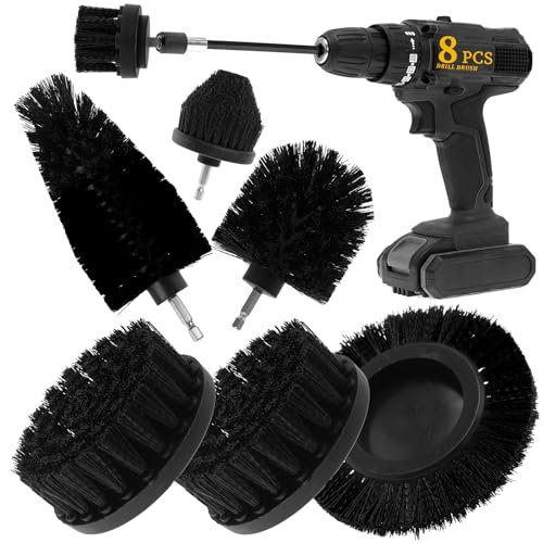 8 Pcs Drill Brush Attachment Set, Power Cleaning Scrub Brush Kit with Extend Long Attachment, All Purpose Drill Scrub Brushes for Car, Grout, Floor, Tub, Bathroom and Kitchen (Black) - color: Black