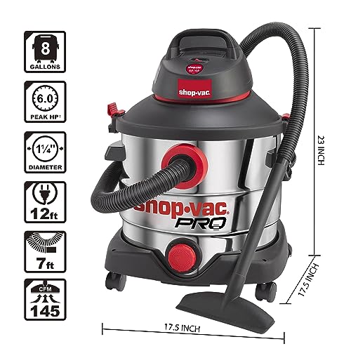 Shop-Vac 8 Gallon 6.0 Peak HP Wet/Dry Vacuum, Stainless Steel Tank, Portable Shop Vacuum with Multifunctional Attachments for Jobsite, Garage & Workshop. 5989400 - size: 8 Gallon