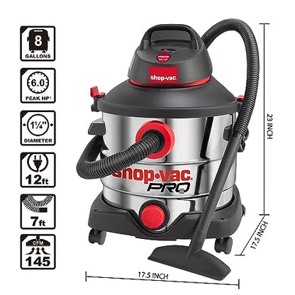 Shop-Vac 8 Gallon 6.0 Peak HP Wet/Dry Vacuum, Stainless Steel Tank, Portable Shop Vacuum with Multifunctional Attachments for Jobsite, Garage & Workshop. 5989400 - size: 8 Gallon