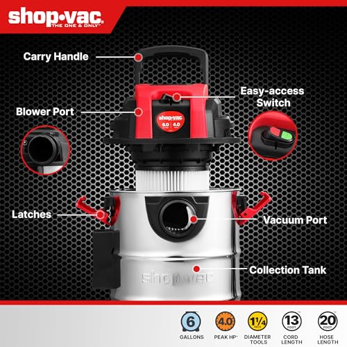 Shop-Vac 6 Gallon 4.0 Peak HP Wet/Dry Vacuum, Wall Mountable Shop Vacuum | Compact Shop Vac with Up to 20 ft Extra Long Hose & Accessories - Ideal for Jobsite, Garages, Car & Workshops - size: 6 gallon