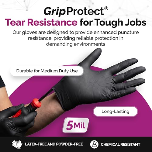GripProtect Precise 5 Mil Black Nitrile Gloves – Chemical Resistant Nitrile Gloves with Textured Grip for Mechanics, Janitorial, Tattoo & Food Prep – Medical Grade Disposable Gloves, Medium, 100 - size: M