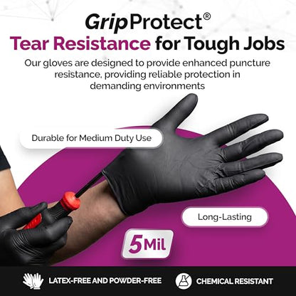 GripProtect Precise 5 Mil Black Nitrile Gloves – Chemical Resistant Nitrile Gloves with Textured Grip for Mechanics, Janitorial, Tattoo & Food Prep – Medical Grade Disposable Gloves, Medium, 100 - size: M