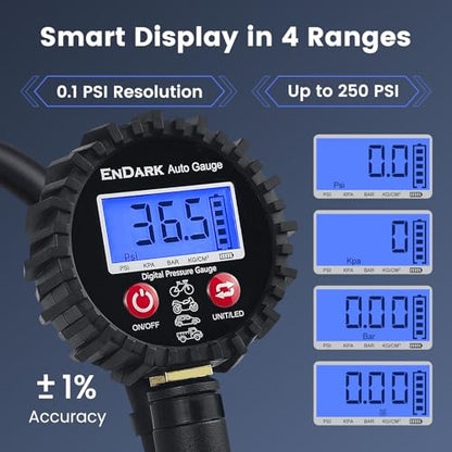 Digital Tire Pressure Gauge with Inflator: ENDARK 250 PSI Air Compressor Attachment Inflation Gun with Heavy Duty 360° Air Chuck & Extended Hose and Quick Connect Coupler - color: Black