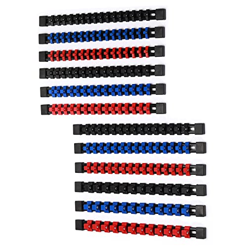 CASOMAN 12PC ABS Socket Organizer, Premium Quality Socket Holders,1/4-Inch x 48 Clips, 3/8-Inch x 90 Clips, 1/2-Inch x 36 Clips, Blue & Red & Black - size: 12PCS