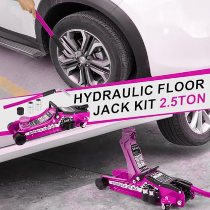 Floor Jack Kit 2.5 Ton (5,500 lbs) | Car Jack - Hydraulic Low Profile Trolley Jack - Tire Tool for SUV and Auto with Lug Wrench Pink - color: Pink