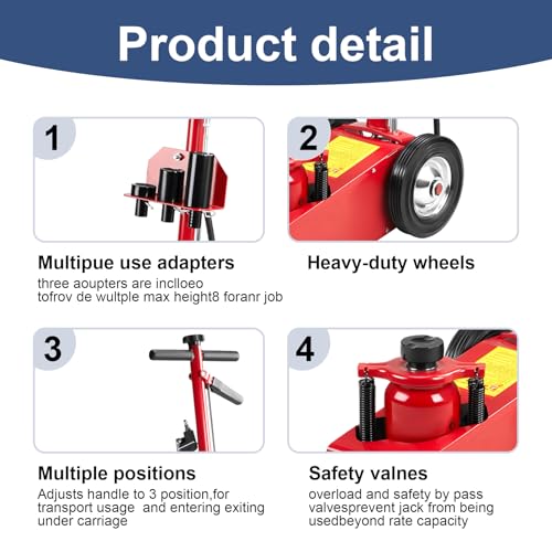 22 Ton Air Hydraulic Floor Jack Quick Lift Air Axle Bottle Jack | Heavy Duty Steel Service Repair Lifting Tool for Trucks with 4 Extension Saddle Set and Wheels 44,000lbs Capacity - color: Red