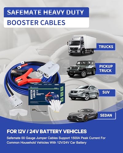 SAFEMATE 2/0 Gauge 30 FT Heavy Duty Jumper Cables - 1500Amp Booster Jumper Cable for Car, SUV and Trucks Battery - Quick Connect, Blue - size: 2/0 Gauge - 30 Ft