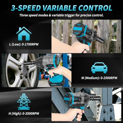 1500N.m Cordless Impact Wrench,1/2 Inch 3 Speed Premium High Torque Impact Gun with 2 x 4.0Ah Battery, LED Work Light, Wireless Power Pistola Llave De Impacto with 5 Sockets for Car Truck Mower