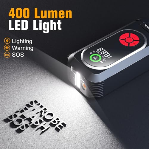 6000A Jump Starter with Air Compressor, Car Battery Jump Starter Portable (10.0 Gas/10.0L Diesel), 150 PSI 12V Car Battery Jump Box with Tire Inflator, Jumper Cables, LED Light, LED Display - color: black