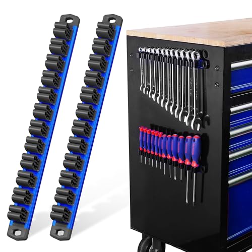 WORKPRO Magnetic Screwdriver and Wrench Organizer Set, 24-Slot Tool Holders | 2-Pack Aluminum Rails, Magnetic Force, Flexible High-Tension Tool Clips, For Tool Box Drawer & Wall-Mount Storage - color: Blue, size: 2 Pack