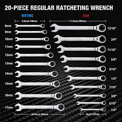 DURATECH 32-Piece Ratcheting Combination Wrench Set | 20PCS Combo Wrench Set & 12PCS Stubby Wrench Set, SAE & Metric, CR-V Steel, with Rolling Pouch - size: Metric&SAE(32 PCS)