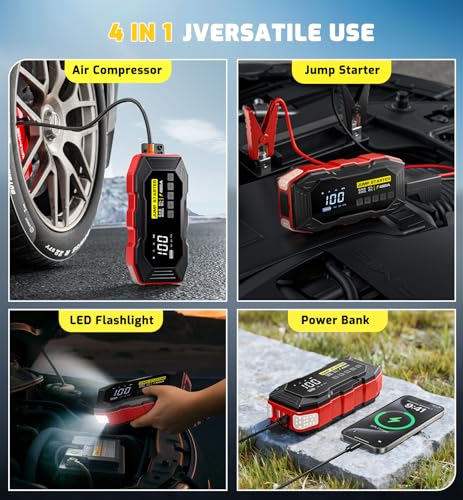 Jump Starter with Air Compressor 4000A Portable Car Battery Jump Starter (All Gas/10L Diesel), 160PSI Auto-Shutoff Tire Inflator Air Compressor, SuperSafe 12V Jump Box Car Battery Jumper Booster