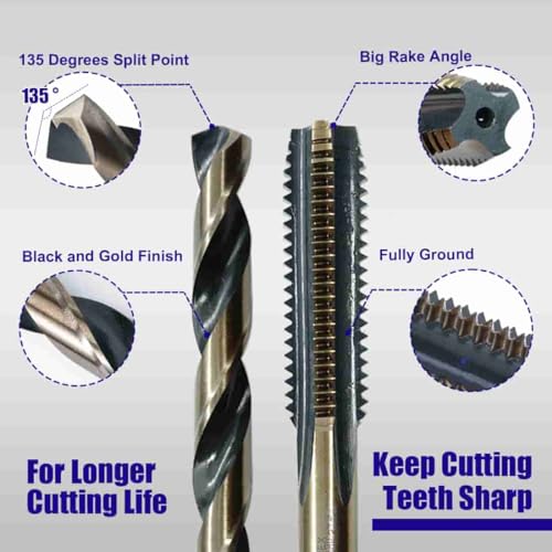 JEFE HEX 18pcs Metric Drill and Tap Set with 1 Piece T-Handle Ratchet Tap Wrench, Tap Range M2.5 * 0.45—M12*1.75, Black and Gold Premium HSS Jobber Length Drill Bits and Hand Plug Taps with Metal Box - size: 18PCS Metric