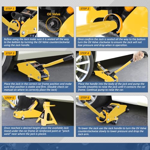 Auto Dynasty 2 Ton Floor Jack with Jack Stands, Heavy Duty Steel Hydraulic Racing Floor Jack with Single Piston Quick Lift Pump, Hydraulic Trolley Service Car Jack, Yellow - color: Yellow